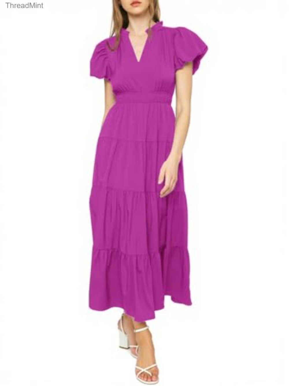 Summer Midi Dress Puff Sleeves V-Neck Tiered A-Line Formal Slim Fit - Picture 2 of 7